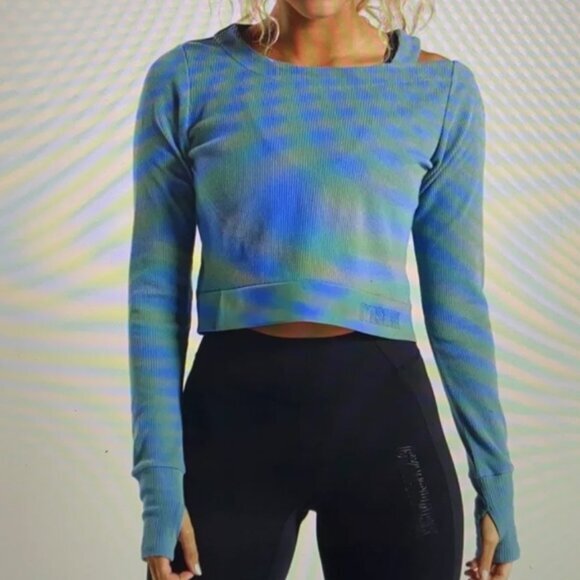 Gymshark Women's Blue Ribbed Cropped Studio Workout‎ Long Sleeve Top Size Large - Picture 1 of 8